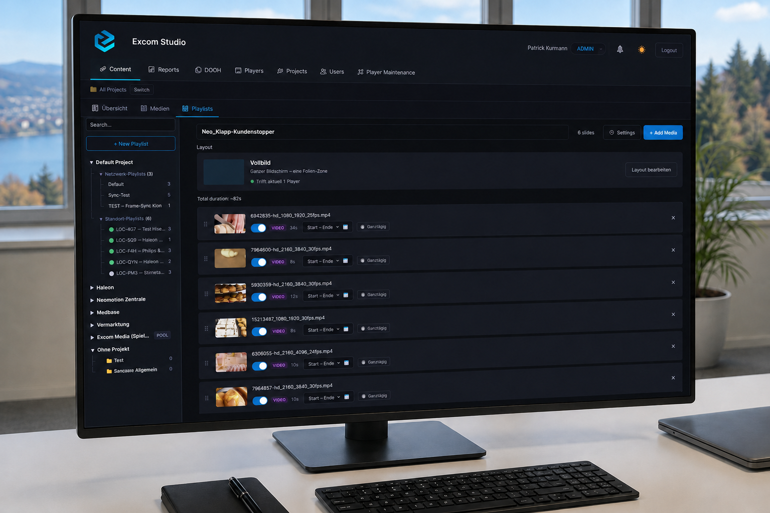 EXCOM Studio – Oberfläche der Digital-Signage-Plattform