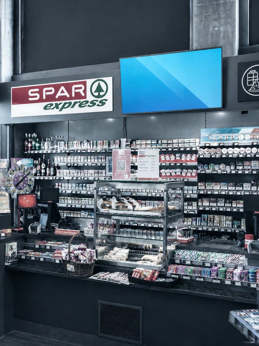 DOOH-Screen bei der Kasse einer AVIA-Tankstelle